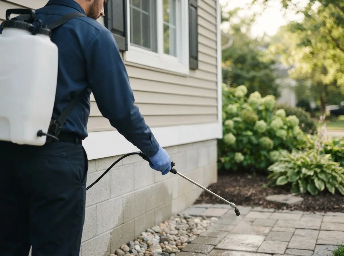 Pest control technician inspecting a home in Helen, WV